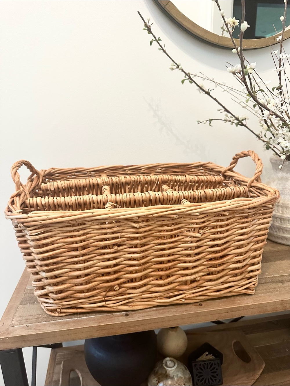 Vintage Woven Rattan Wicker Large Storage Basket 9 Compartments Handles Natural